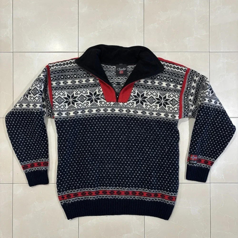 Vintage Fair Isle Sweater Birds Eye Norway Pure Wool Nordys Mens L Blue Red